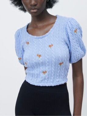 Zara Puff Sleeve Embroidered Blouse M